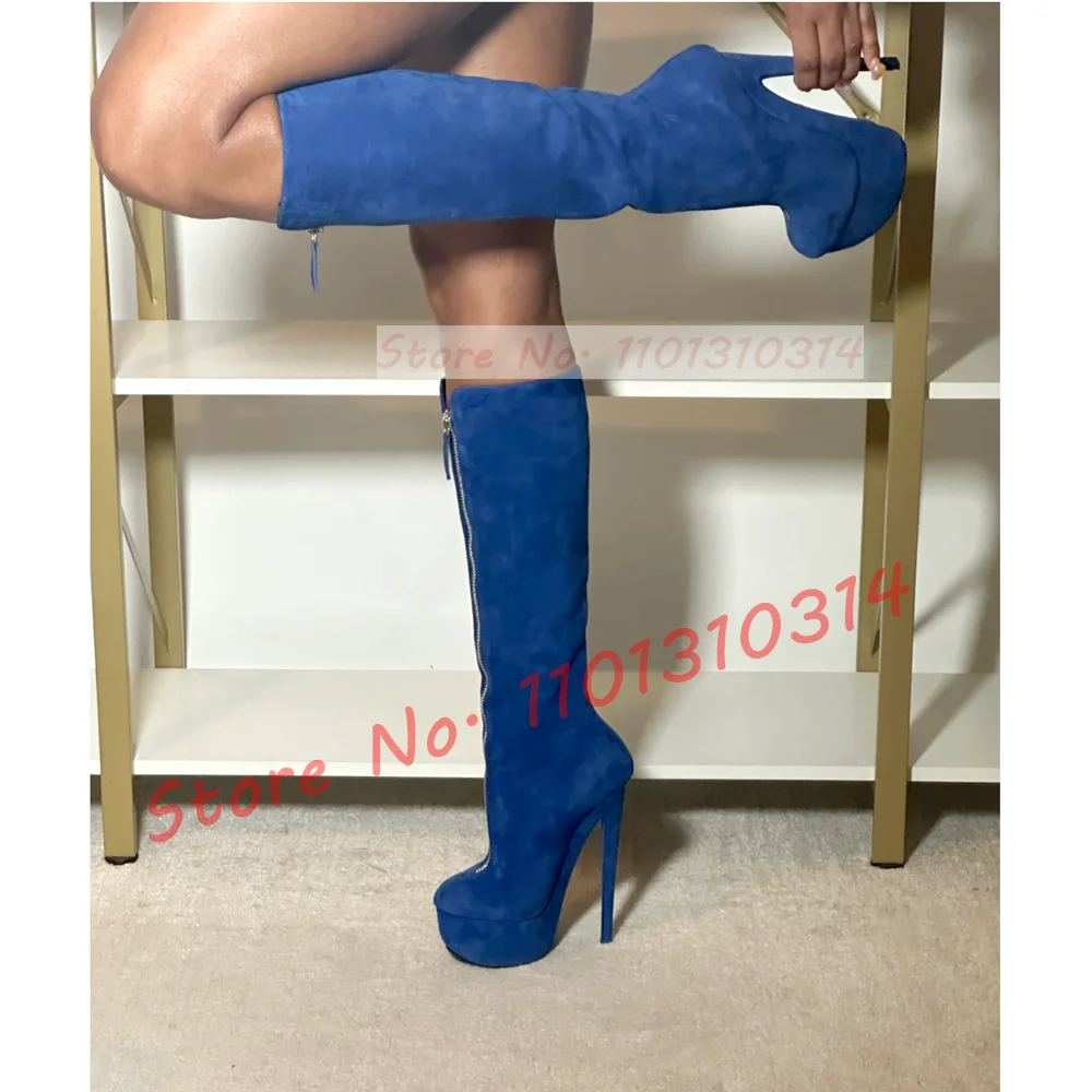 Blue Suede Platform Stiletto Boots Women Stylish Round Tip Front-zip Knee High Boots Female Personalized Casual High Heels Shoes