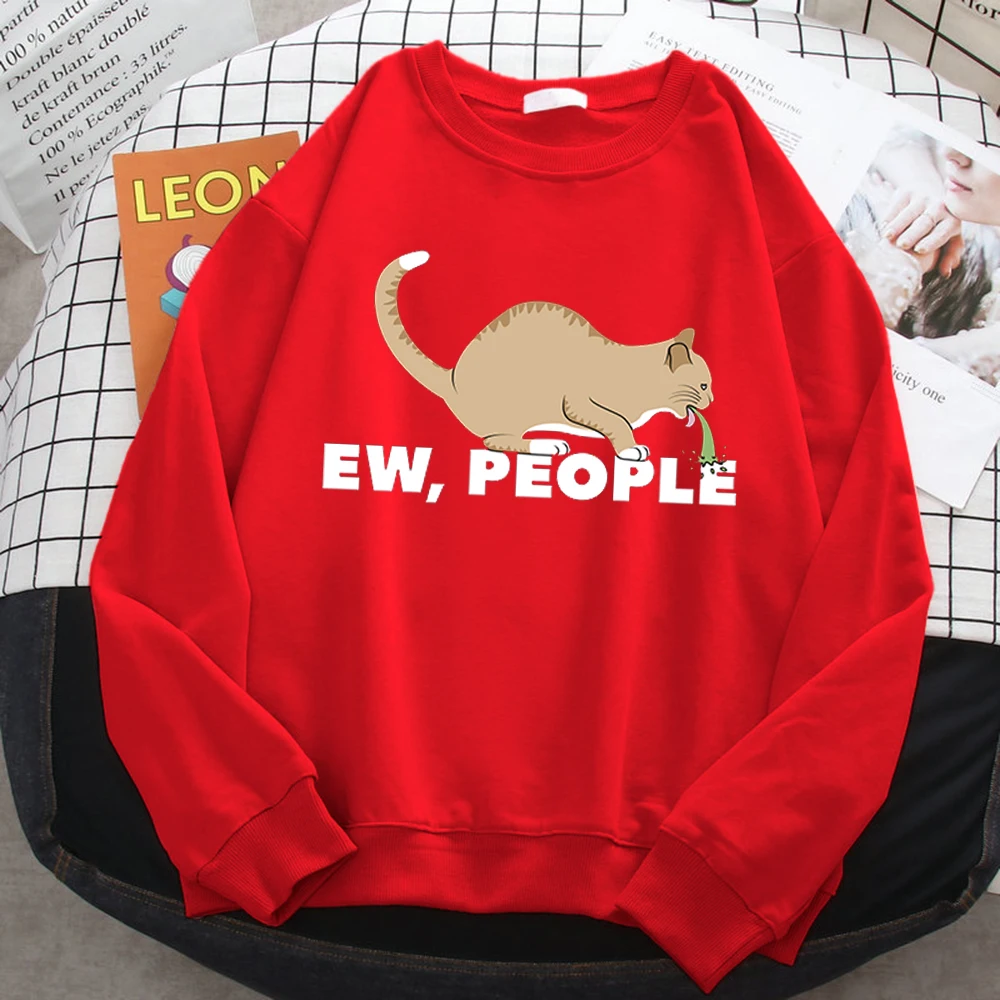 Casual Autumn Pullover For Women Ew People Funny Vomiting Cat Printing Hoodies Crewneck Loose Sweatshirt Warm Fleece Clothes