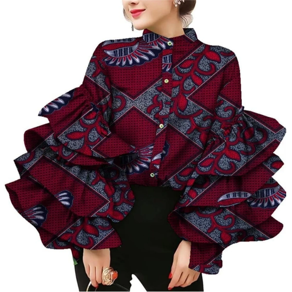 African Dress Shirt Stand Collar Layers Flare Sleeve Blouses for Women Wax Print Cotton Top Plus Size Lady Clothes Party WY8635