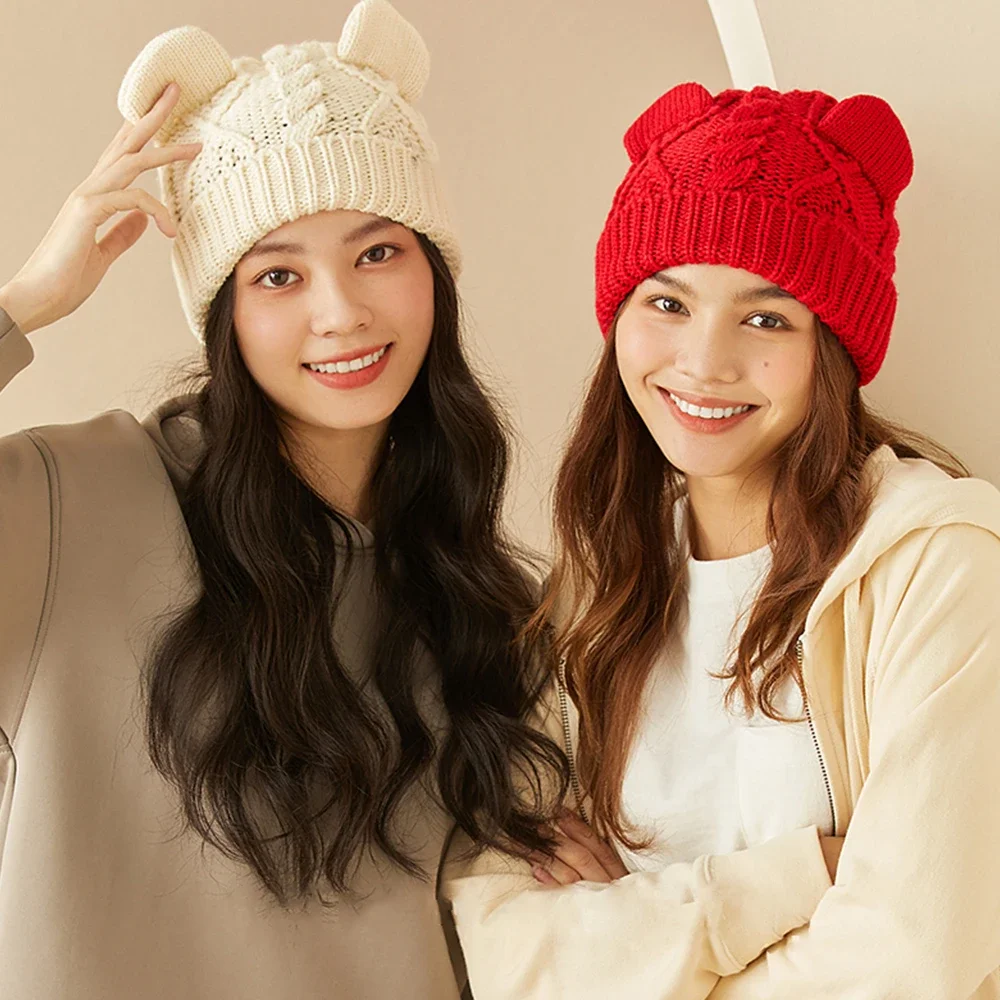 Oh! Women Wool Knitted Beanies Solid Cute Bear Ears Cashmere Winter Hat Knit Bonnet Autumn Warm Skullies Cycling Cap