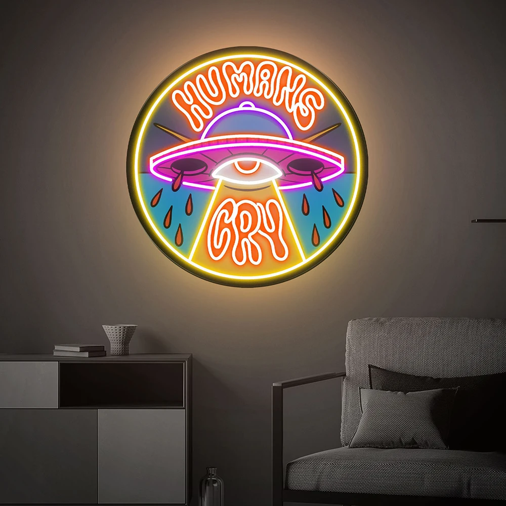 UFO Neon Sign com impressão UV, Humanos Choram, Luz personalizada, Decoração de parede de festa, Decoração do quarto, Luzes de néon LED