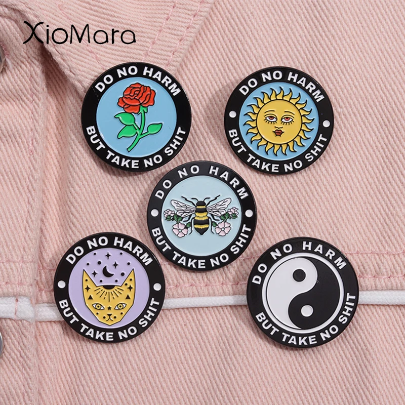 Do No Harm Take No Shit Enamel Pin Round Rose Flower Sun Bee Brooch Lapel Backpack Badge Punk Jewelry Decoration Gift