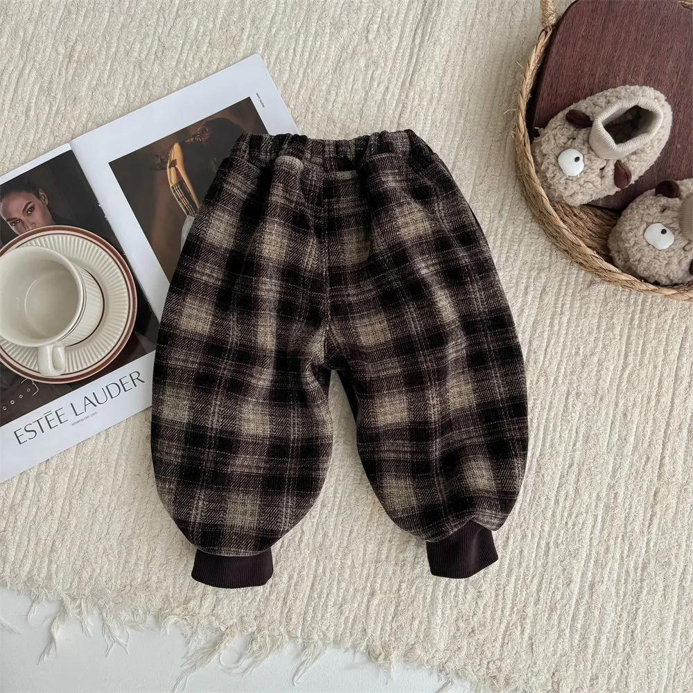 Korean Version of Baby Pants Autumn and Winter Velvet Warm Outer Trousers 1-3 Years Old Baby Versatile Thousand Bird Grid Pants