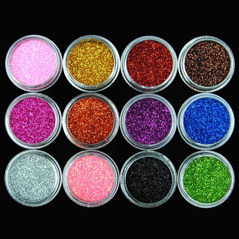 Polvo acrílico con purpurina para decoración de manicura, polvo, lentejuelas para uñas, suministros de tatuaje, decoraciones, 12 colores, 1 caja