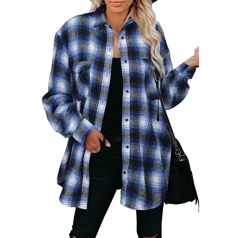 Europe and the United States autumn and winter new plaid shirt women's long loose lapel cardigan shirt