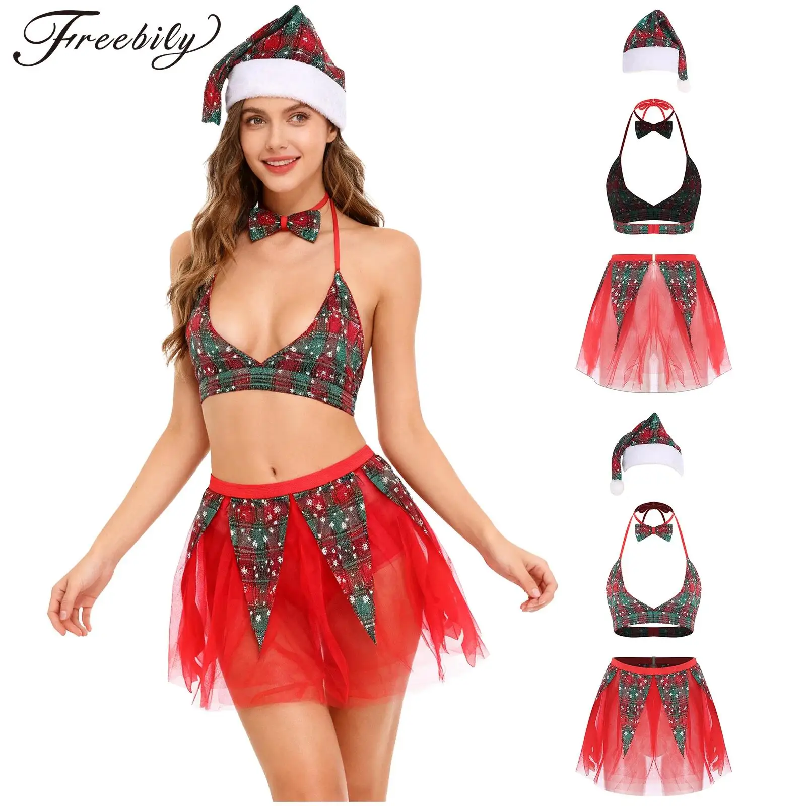 

Женский рождественский комплект нижнего белья, праздничная одежда для сна Санта-Клауса, клетчатый бюстгальтер с тюлевой мини-юбкой, шляпа с галстуком-бабочкой, Рождественский костюм миссис Клауса для косплея