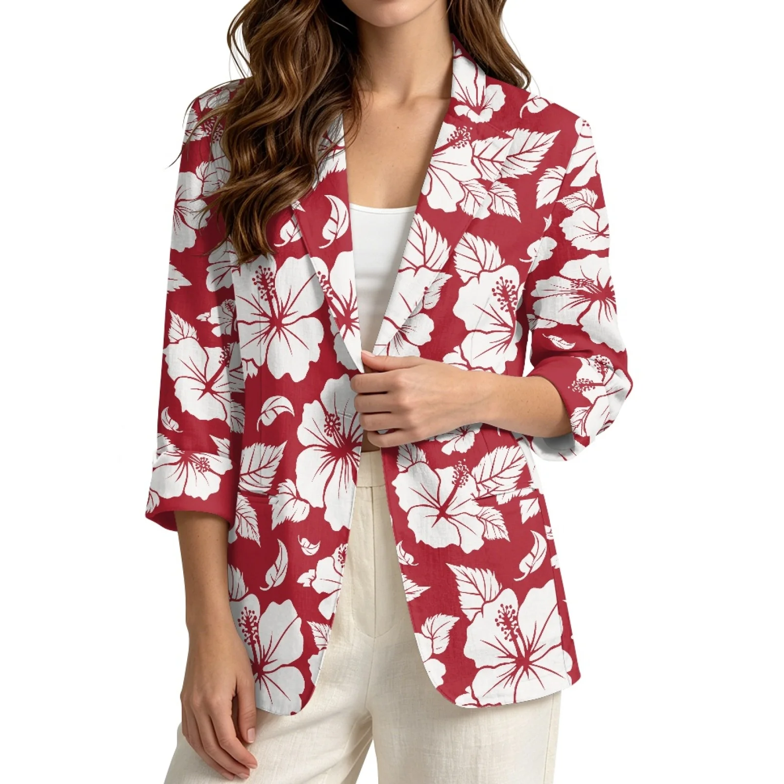PENSTROLL Lightweight Linen Style Open Front Tops Loose Beach Jackets for Vacation Hibiscus Floral