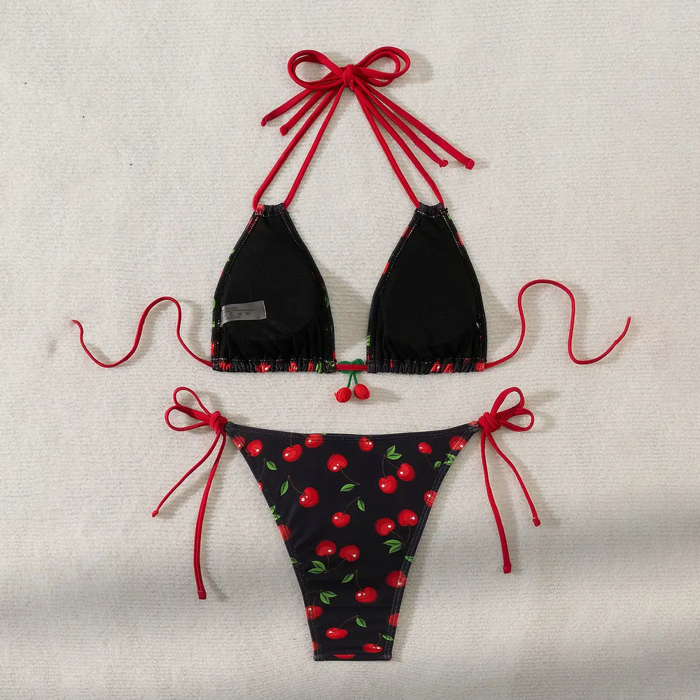 セクシーなチェリーファッションプリントの3ピースビキニ水着2025新作レディース服