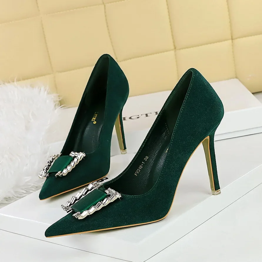 Women 10cm High Heels Pumps Lady Nightclub Crystal Buckle Green Black Wedding Classic Heels Suede Satin Crystal Replica Shoes