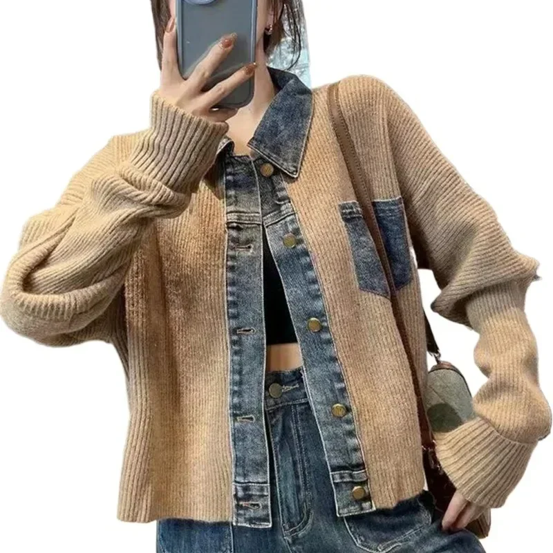 Korean Style Design Niche Loose and Western-style Sweater Women\'s 2024 Autumn New Denim Patchwork Knitted Top Fashionable Jacket