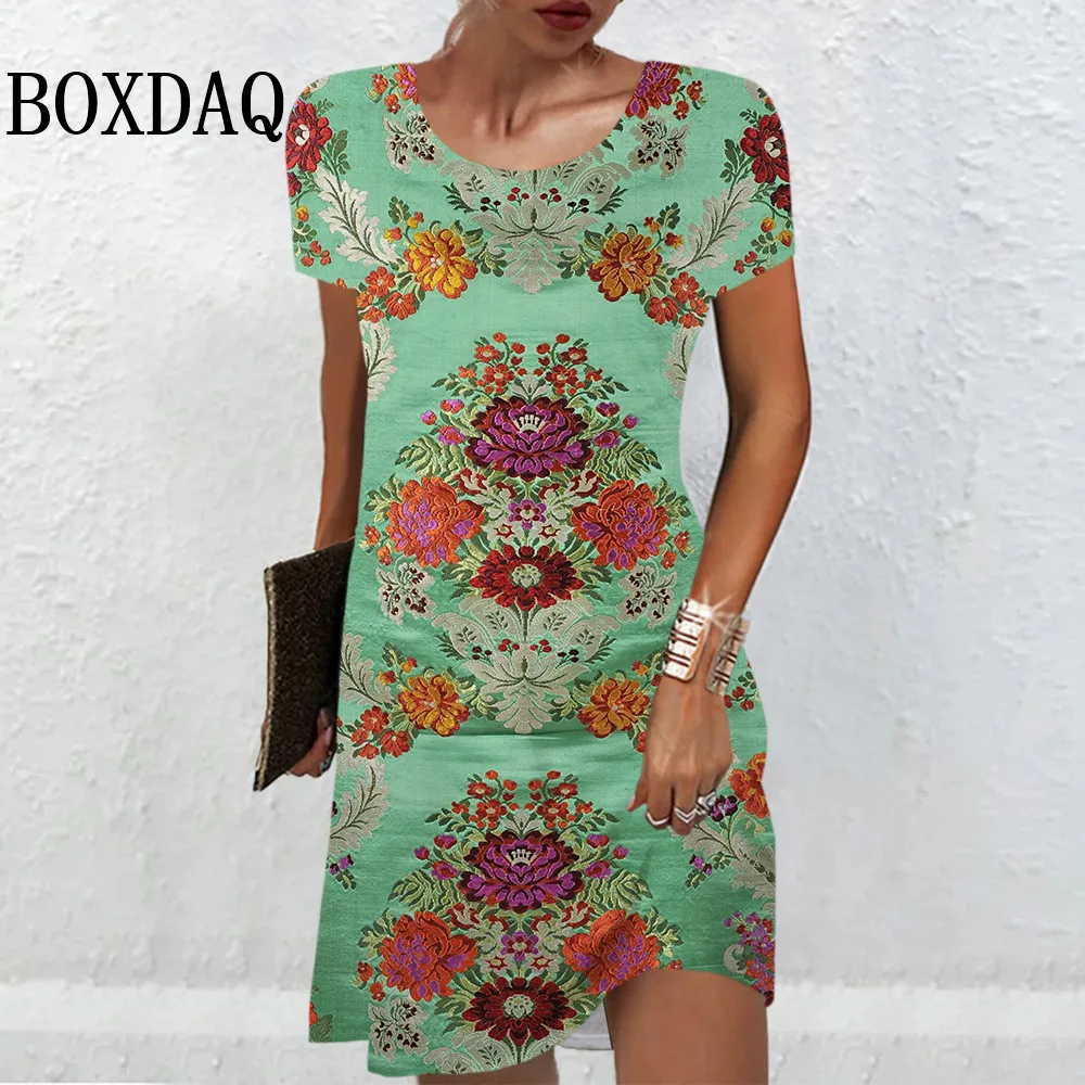 

Women Retro 3D Flower Print Dress Summer Women's Casual O-Neck Short Sleeve Mini Dress Loose Oversized Clothes Ladies Sundress