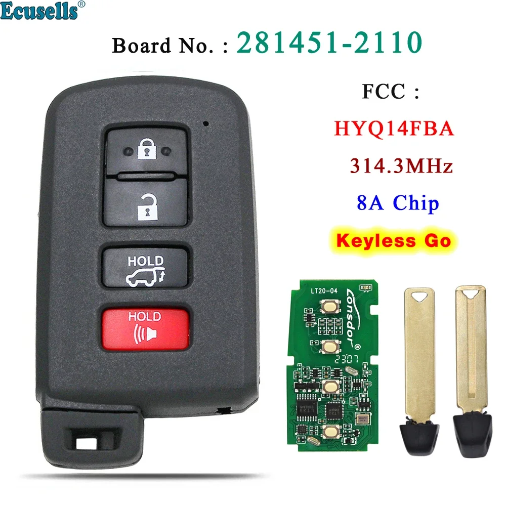 Ecusells Smart Prox Remote Key Fob 312/314.3 8A Chip for Toyota Highlander Sequoia Land Cruiser Kluger Board 2110 FCC HYQ14FBA