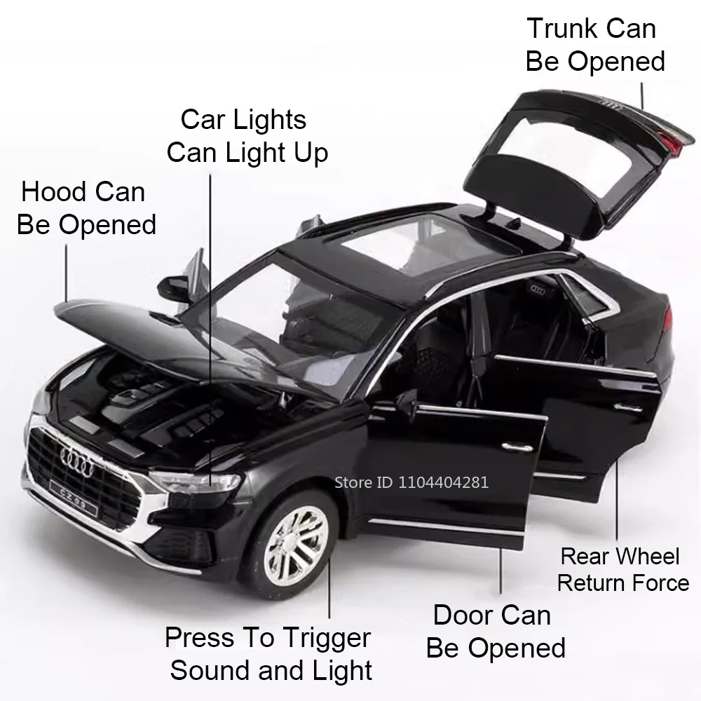 1:32 Q8 RS7 Car Metal Model Diecast Alloy Toy 6 Doors Opened with Sound Light Pull Back Vehices Collectable Miniature Home Decor