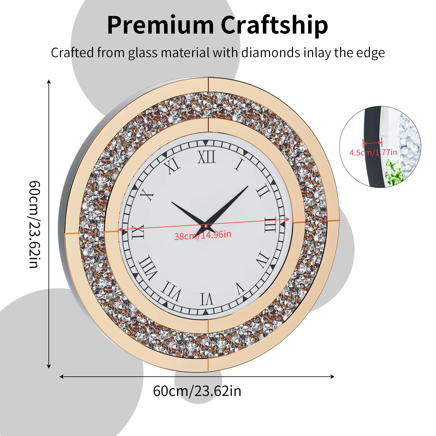 NONE 60/80CM Bling Silber Runde Spiegeluhr Glam Sparkle Twinkle Shining verspiegelte Wanduhr für Heimdekoration 4