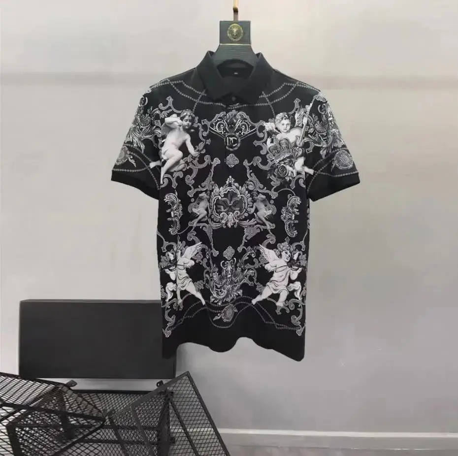 

European and American men's 2023 summer new lapel and short sleeves fashion Vintage Baby Angel Print T-shirt