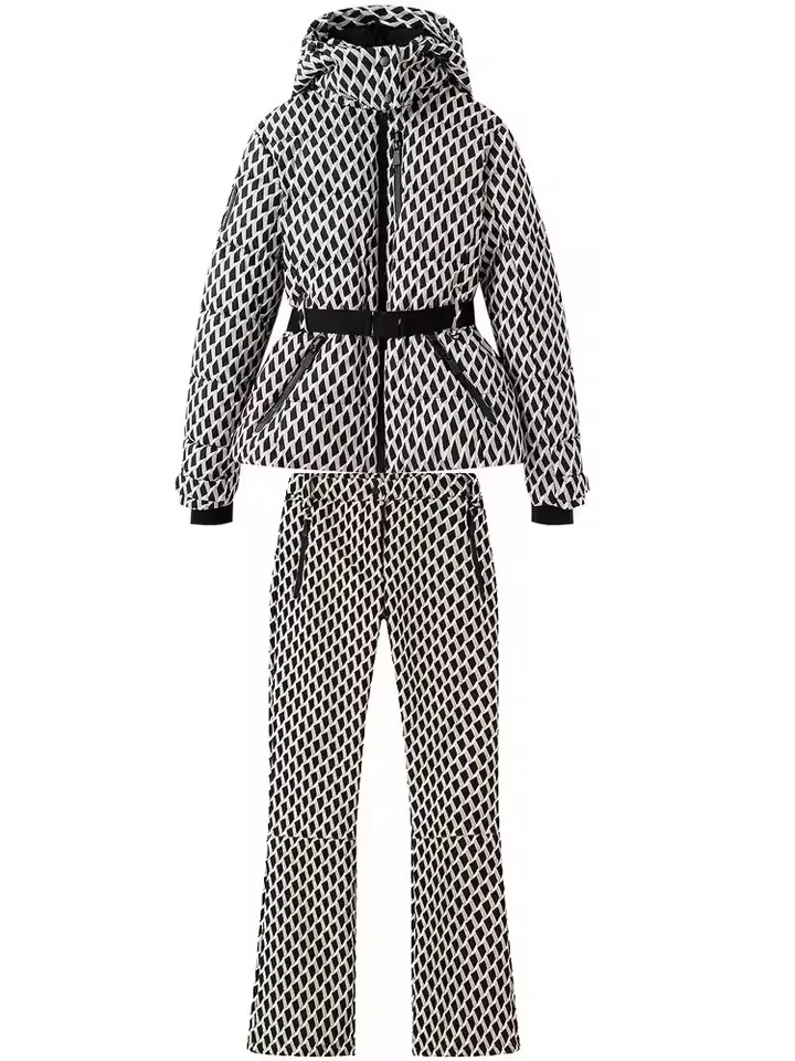2025 Women's Winter Hooded Padded Sport Parkas Pants 2 PCS Set Belt Female Elegant Warm Windproof Skiing Coats Jackets Trousers