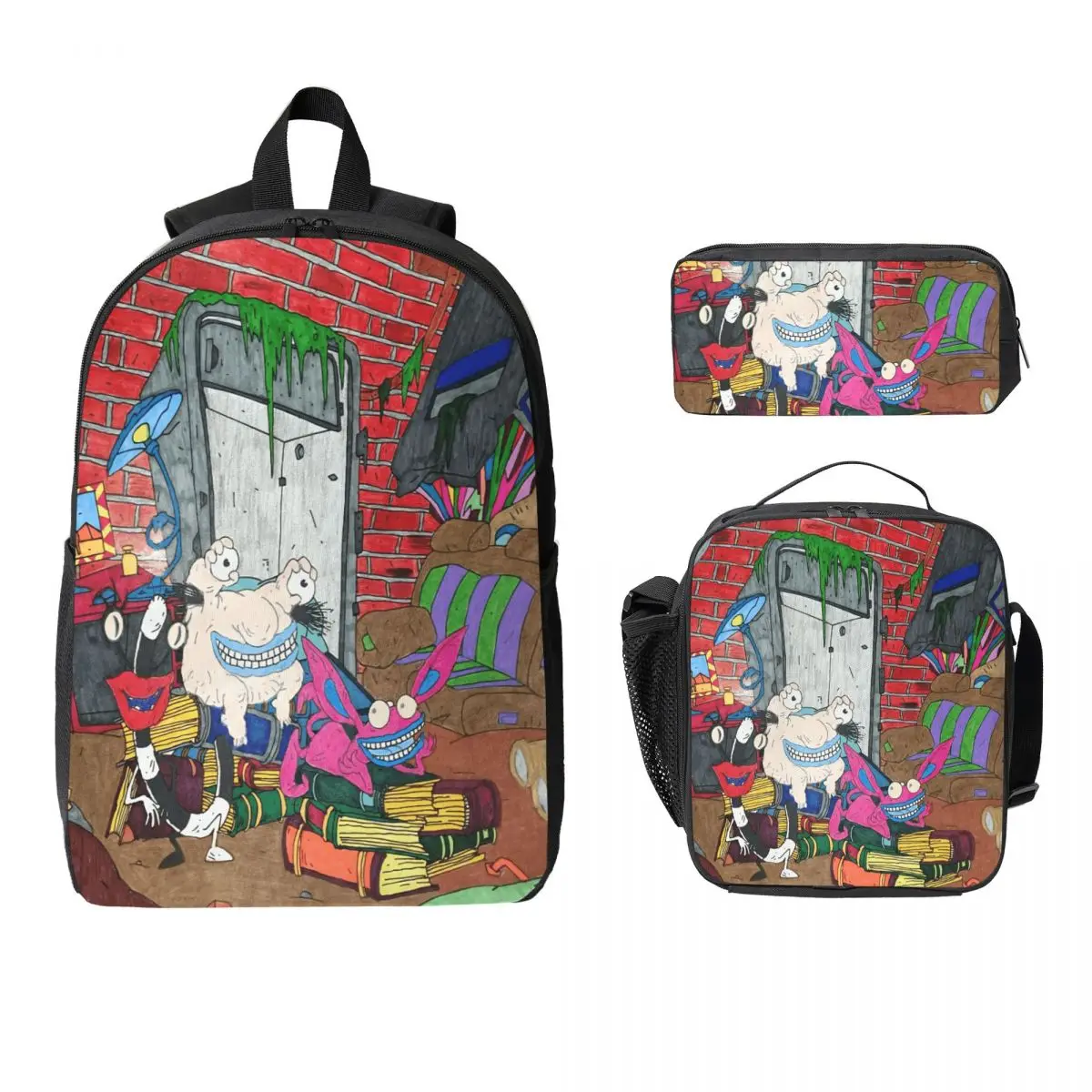 3Pcs Aaahh Real M-Monsters Backpack Set for Girls Boys Pencil Boxes Bookbag Sets with Lunch Box For School Students Daypack