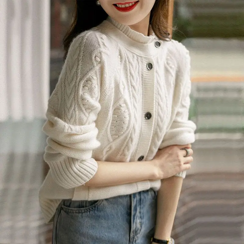 2023 Autumn and Winter New Half High Collar Long Sleeve Heavy Duty Knitted Cardigan Short Sweet Office Lady Comfortable Outwear