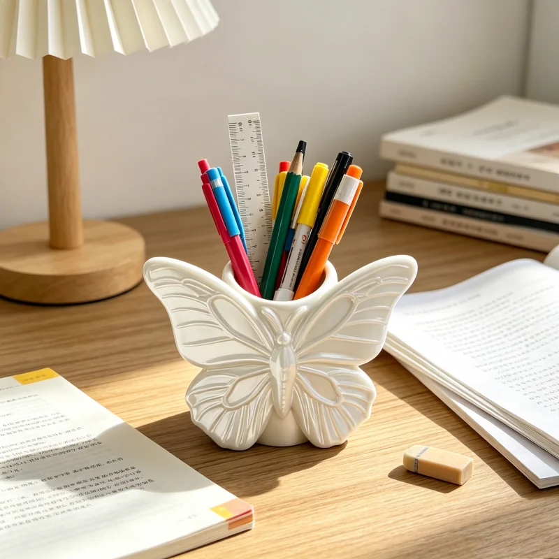 3D Printed Embossed Butterfly Pen Makeup Brush Holder Statue Cosmetic Storage Figurine Vanity Desk Decor