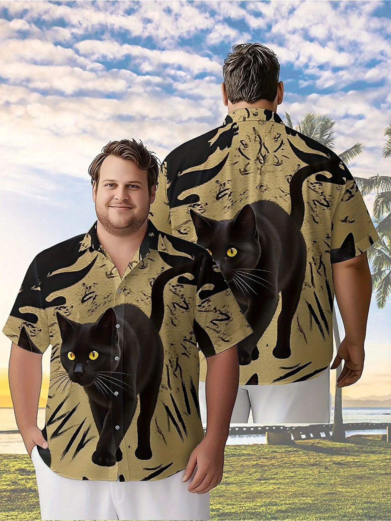 

Men's Plus Size Hawaiian Shirts Mysterious Black Cat Pattern, Summer Casual Tops, Suitable for Outdoor and Party, Streetwear