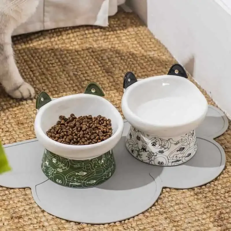 Cat bowl high-footed ceramic anti-knock protection cervical spine double food bowl pet supplies cat and dog drinking food bowl