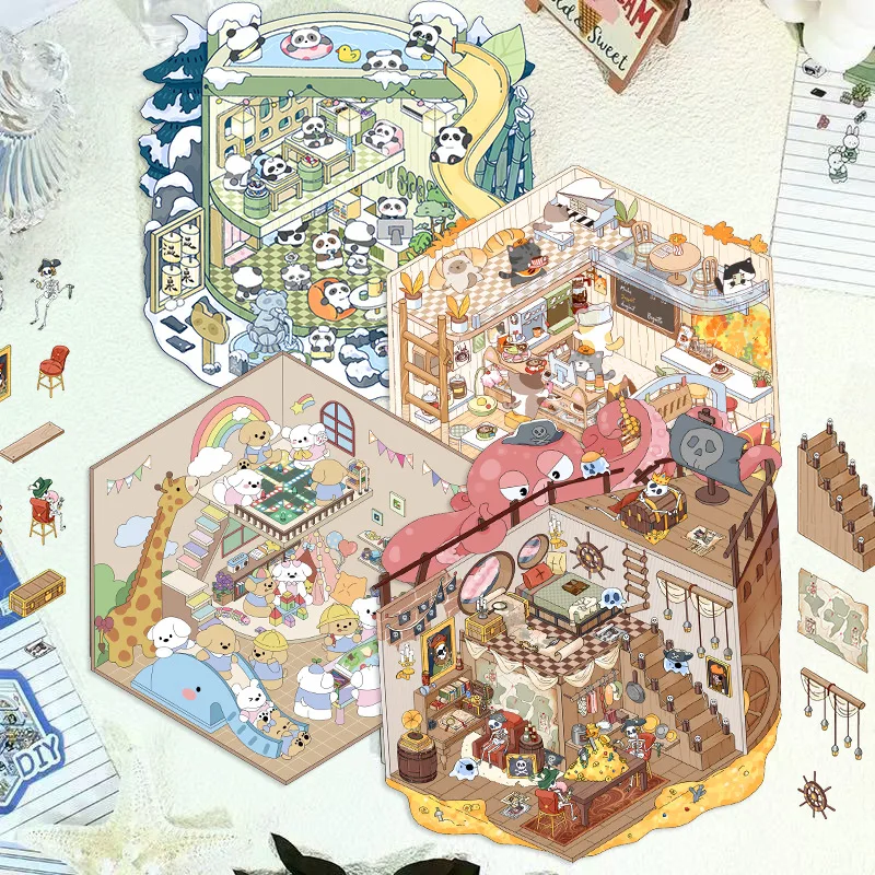 Cartoon Scenery Stickers Cute Miniature World 3D Stereoscopic Decompression DIY Scene Handbag Stickers