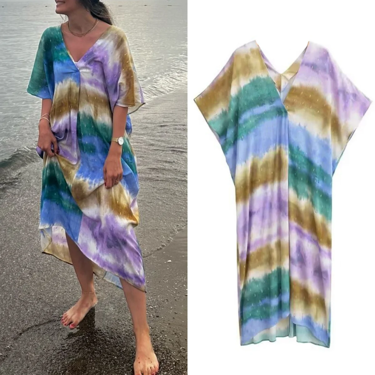 

TRAF women's chiffon print tie-dye V-neck bat sleeve short-sleeved loose pullover mid-length robe beach holiday dress 2024summer