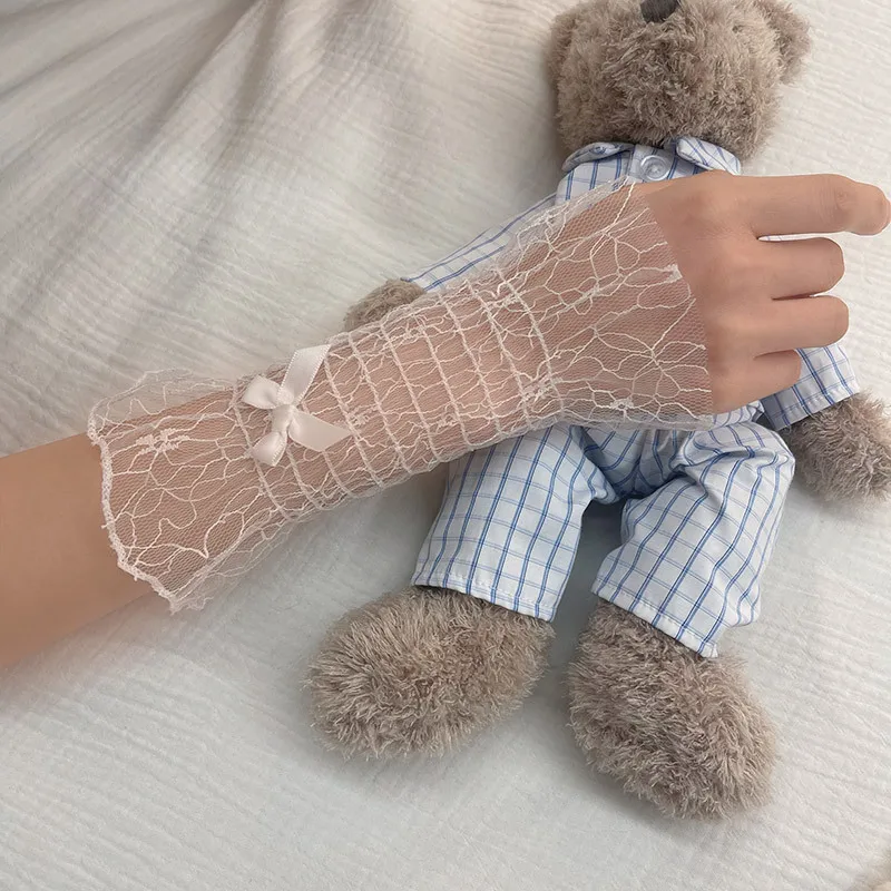 Sarung Tangan Berhias Renda Anak Perempuan Lolita Penutup Lengan Ultra Tipis Jaring Berongga Pita Sarung Tangan Aksesori Pengantin Gadis Manis Permainan Peran