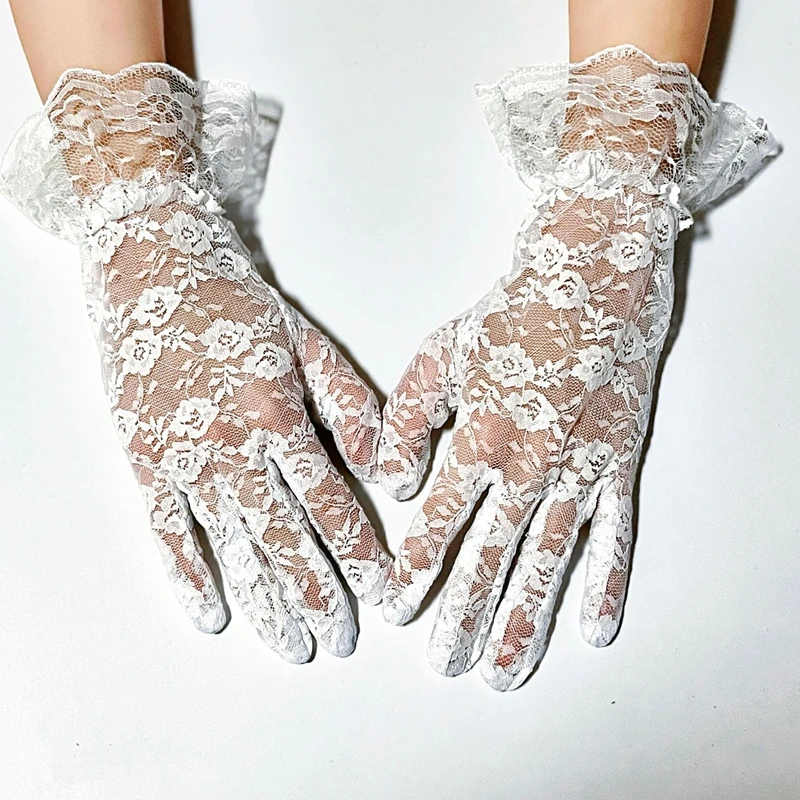 Women Short Flower Hollow-Out Lace Gloves Ruffle Wrist Cuffs Sun Protection Mesh Thin Cycling Sexy Mittens