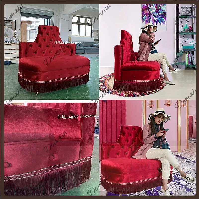 VP Neoclassical burgundy golden velvet small double sofa fringed retro style pulley pull button medieval