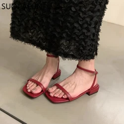 SUOJIALUN 2024 Summer Women Slipper Fashion Narrow Band Ladies Casual Sandal Shoes Square Low Heel Outdoor Dress Gladiator Shoes