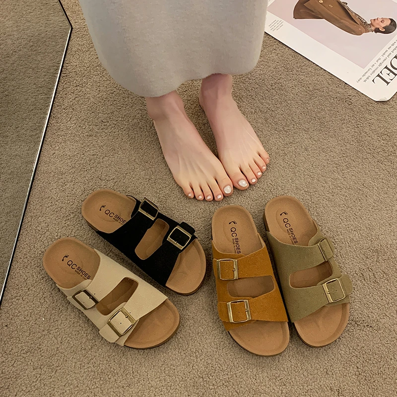 Летние массивные сандалии, женские тапочки, модные Нубуковые туфли Birkenstock, женские пробковые тапочки, повседневные пляжные Нескользящие шлепанцы с двойной пряжкой