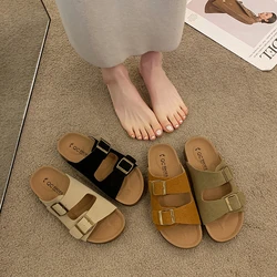 Sandalias gruesas de corcho para mujer, chanclas de nobuk a la moda, chanclas informales de playa con doble hebilla, antideslizantes