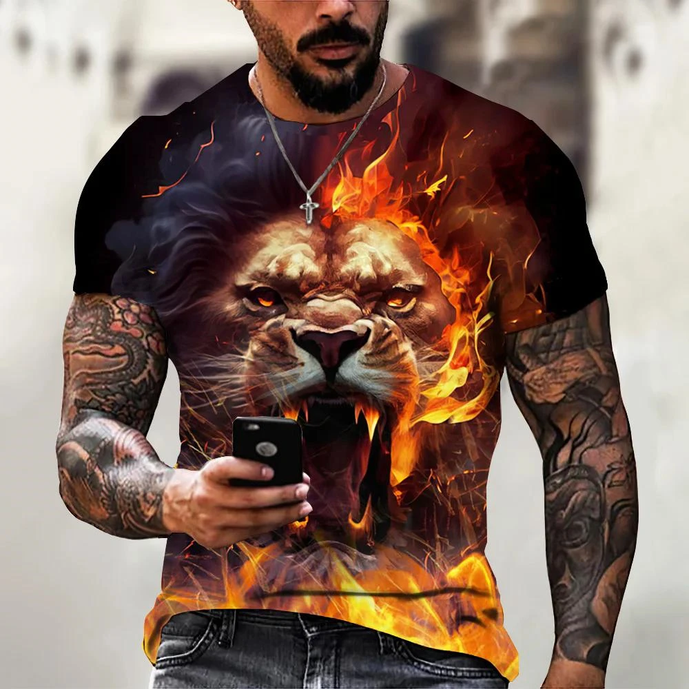 Flame Tiger 3D Print T-Shirt Fire Animals Graphic Cool Design Punk Style Tshirts New O-Neck Short Sleeve Tops For Man Clothing