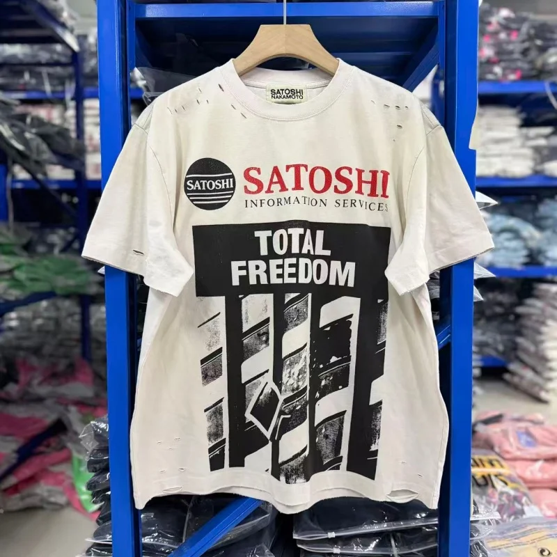 Men Satoshi Total Freedom T-Shirt Distressed Ripped Oversized Y2K Tee