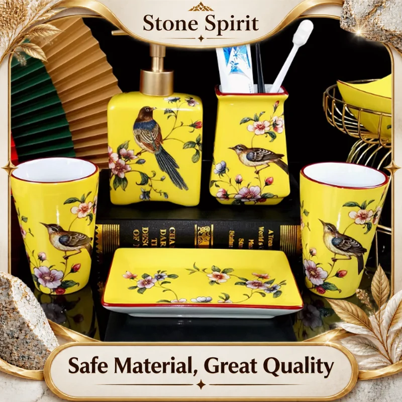 Bathroom Supplies, Yellow Ceramic Soap Dispenser, Mouthwash Cup, Toothbrush Holder, Lotion Bottle, Soap Box, Wedding Gift