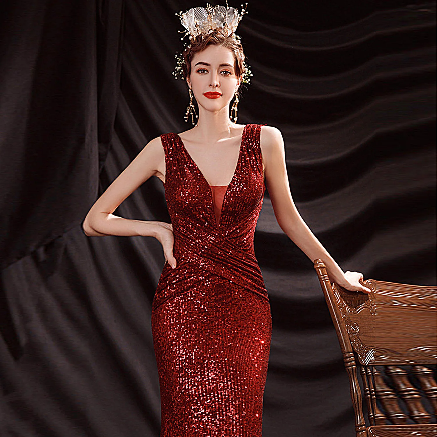 Red Evening Dress Women's High-End Bridal Toast Dress Banquet Light Luxury Minority Sleeveless Deep Long Dress