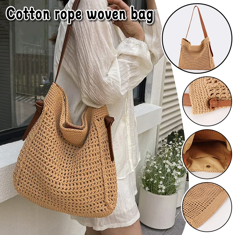 

Cotton Rope Beach Bag Women Summer Handmade Woven Shoulder Tote Bag Hollow Out Casual Vacation Handbag Lightweight Braided