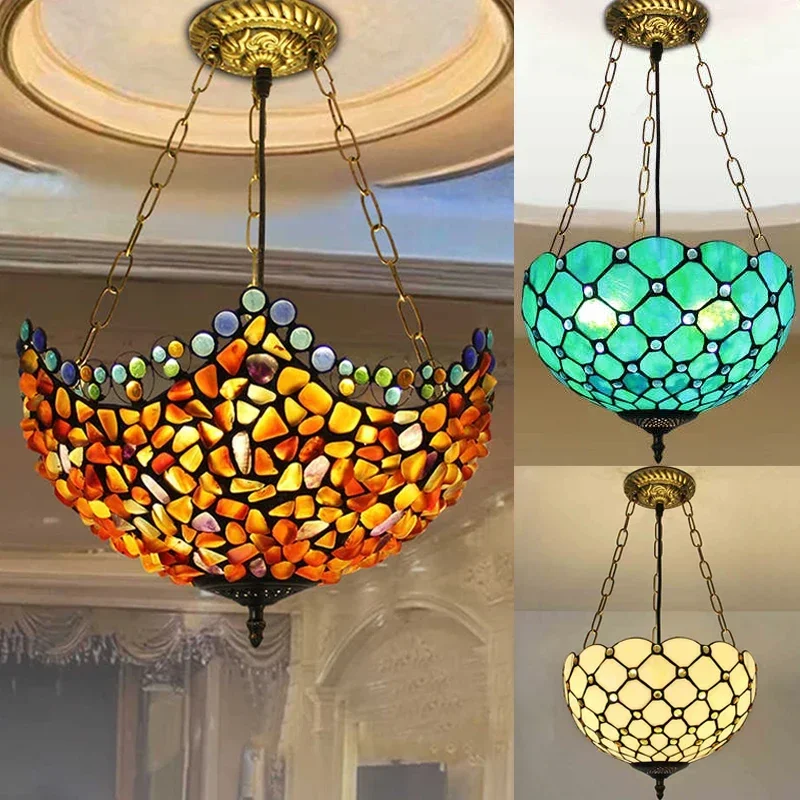 

Tiffany Rotundity Ceiling Pendant Light Stained Glass Bead Chandelier Restaurant Bedroom Hotel Living Room Hanging Lamp Fixture