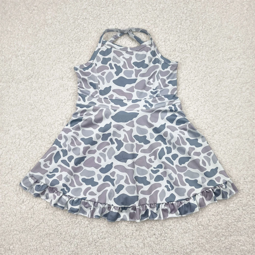 

Baby Girls Gray Camo Ruffle Knee-Length Dress with Straps Athletic Yoga Dress for Girls