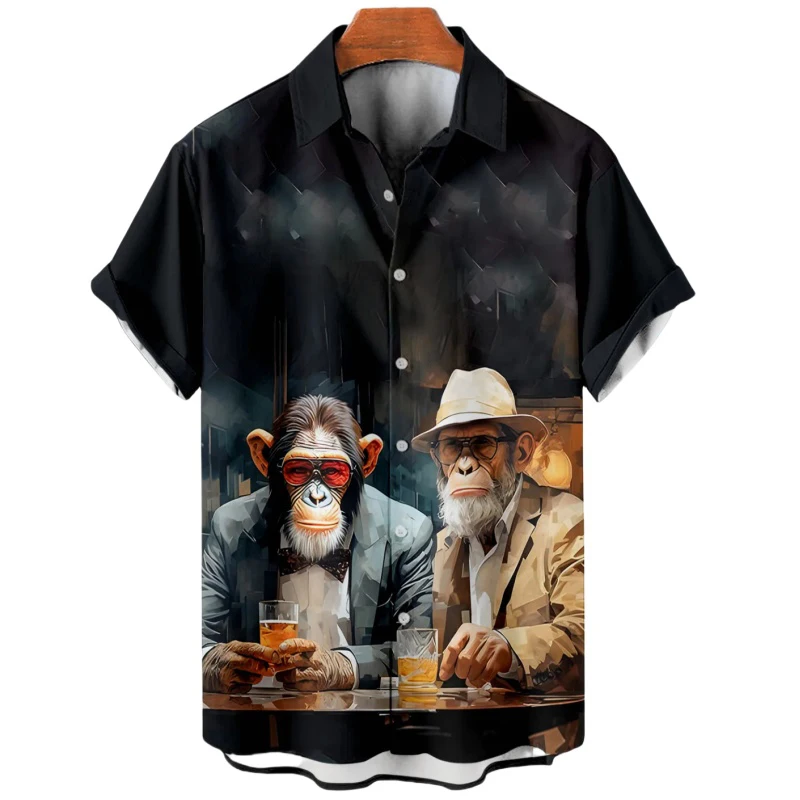 Camicia stampata orangutan da uomo estiva Camicie con risvolto a maniche corte Streetwear Camicie larghe con grafica animale per uomo Taglia europea 5XL