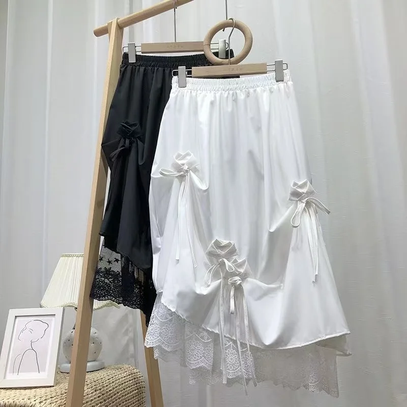 High Waist Midi A-Line Skirt with Lace Trim  Knot Gathered Mesh Paneling Half-length Women's Fashion Spring Summer
