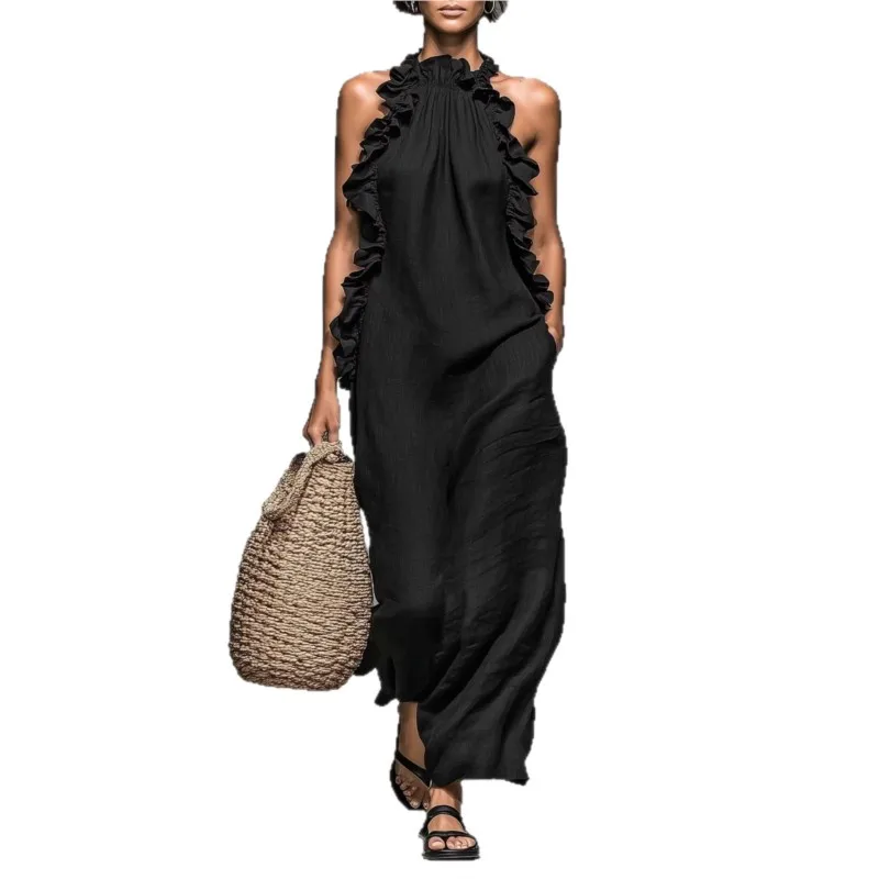Customization Women's Sexy Halter Ruffle Maxi Dress Solid Pockets Loose Long Dress Summer Elegant Sleeveless Bohemian Vacation B - view 5