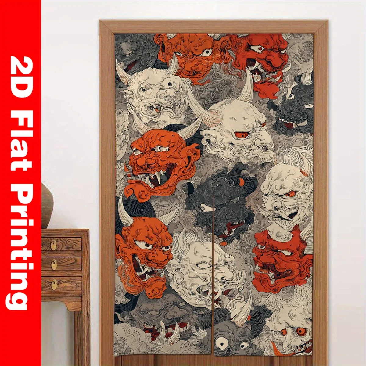 Japanese Oni Demon Door Curtain - Traditional Mythological Motif Room Divider Privacy Drape for Dressing Room Bathroom