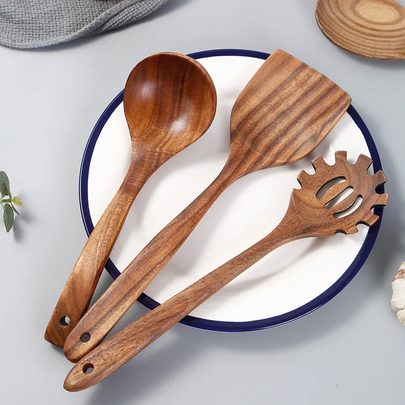 Acacia shovel long handle high temperature resistant household cooking spatula soup spoon solid wood salad spoon fork set