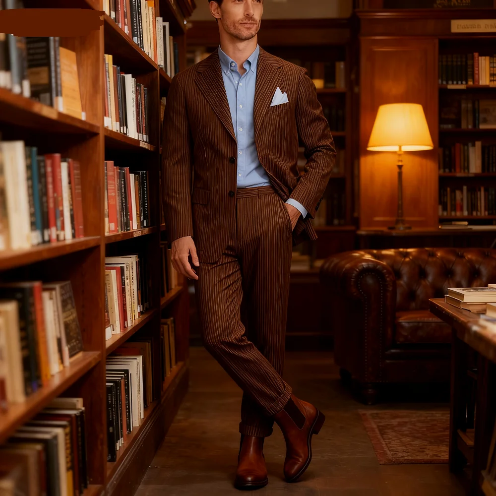 

Men's Casual 2-Piece Seersucker Suit Sky Blue Striped Blazer with Notched Lapel Summer Beach Wedding Jacket And Pants Set