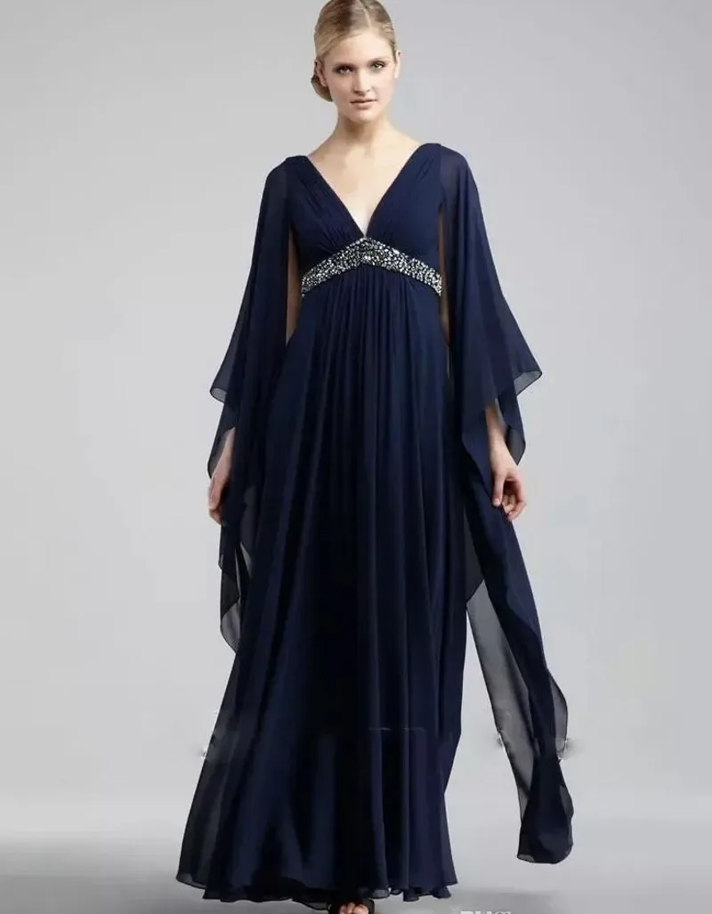 Navy Blue Chiffon Evening Formal Dress V Neck High Waist Beaded A-line Prom Pageant Party Gowns Robe De Soiree