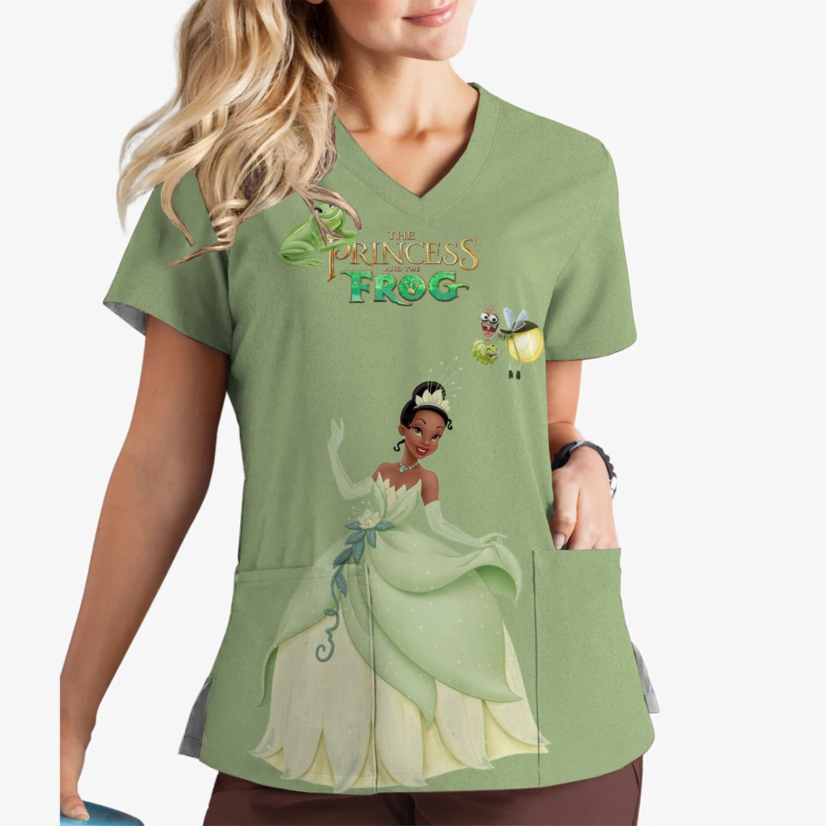 Summer Disney Tiana Princess Print V-Neck Print Scrub Top Surgeon Work Clothes Doctor Nurse Surgical Gown Women