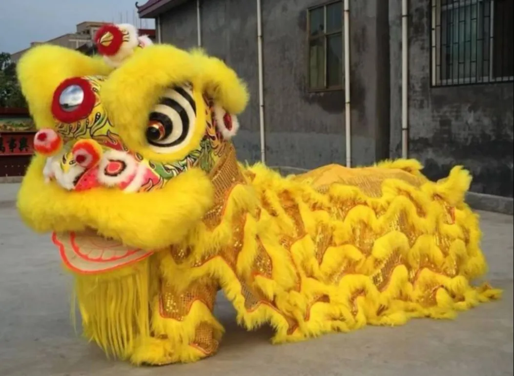 Lion Dance Mascot Costumes Chinese Folk Parade Yellow Wool Southern Lion Outfits for Halloween Xmas Carnival Fancy Advertising