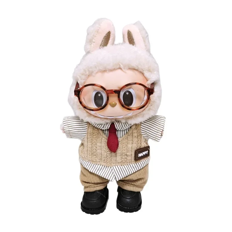 Retro Fashion Doll Set with Brown Striped Shirt and Brown Pants Casual and Versatile Labubu Doll Accessory Outfit